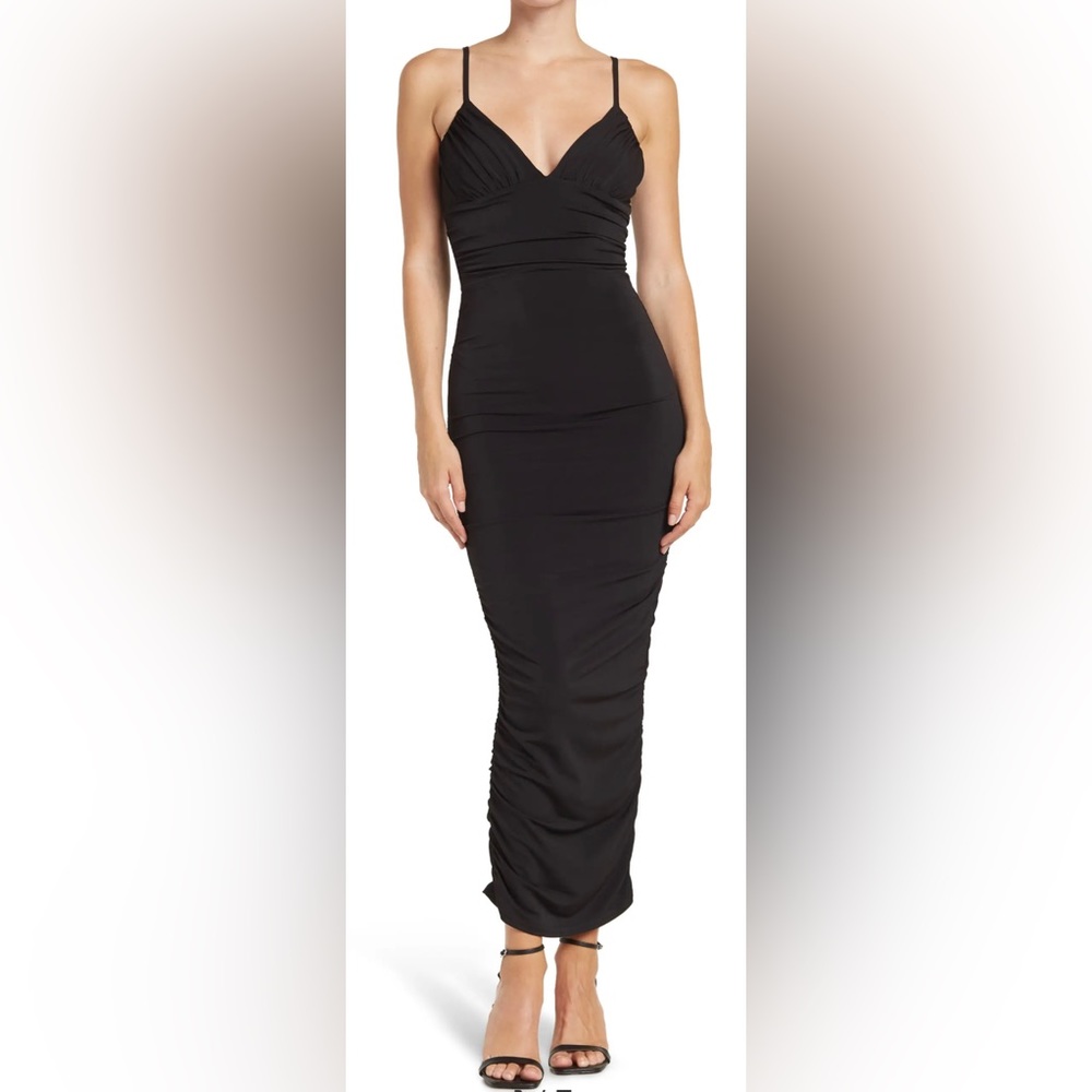 The Fashion Poet Black V-Neck Ruched Bodycon Dress Size Large (12-14) NWT